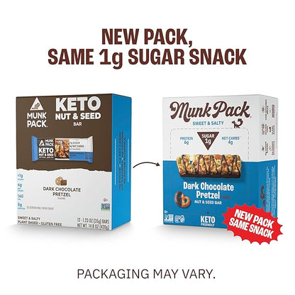 Munk Pack Keto Snack Bars, Dark Chocolate Pretzel - Low Carb Nut Bar with 6g Protein, 1g Sugar with Allulose - Gluten Free & Low Glycemic - 12 Count