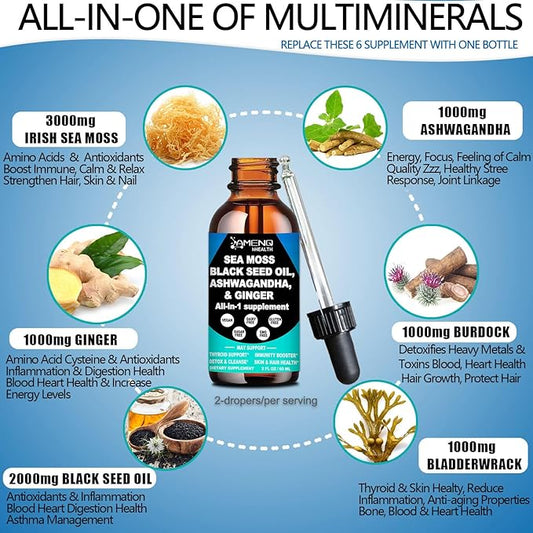 Sea Moss Black Seed Oil Ashwagandha Ginger, Multi-Mineral Sea Moss 3000mg Liquid Drops Extract, 4X Stronger Than Pills & Capsules, Vegan Superfood for Immunity, Joint & Thyroid Health