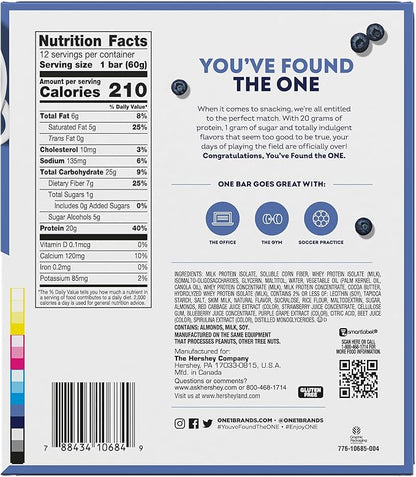 ONE Protein Bars, Blueberry Cobbler, Gluten Free with 20g Protein and 1g Sugar, Pantry Staples, 2.12 oz (12 Count)