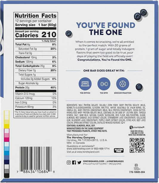 ONE Protein Bars, Blueberry Cobbler, Gluten Free with 20g Protein and 1g Sugar, Pantry Staples, 2.12 oz (12 Count)