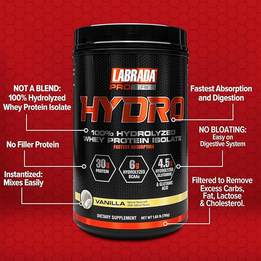 Labrada HYDRO 100% Pure Hydrolyzed Whey 6g BCAA’s, 4.5g Glutamine, 20 Servings