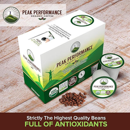 Peak Performance Organic Coffee Pods. Low Acid K-CUP Keurig Compatible High Altitude USDA Organic Coffee. Fair Trade Beans Medium Roast Single Serve 24 Count Recyclable Cups For High Performers