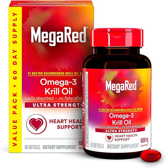 MegaRed #1 Doctor Recommended Krill Oil Brand 1000mg Omega 3 Supplement 60 Softgels