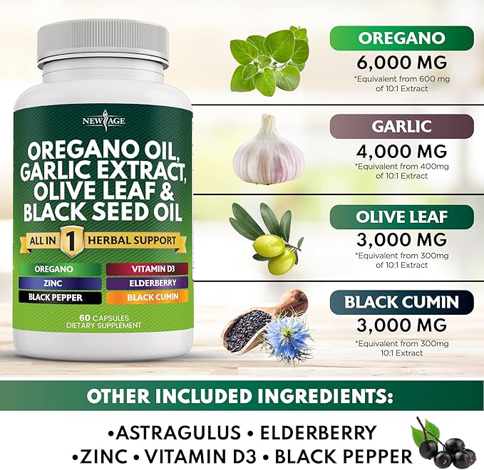 NEW AGE Oregano Oil 6000mg Garlic 4000mg Olive 3000mg with 60 Count