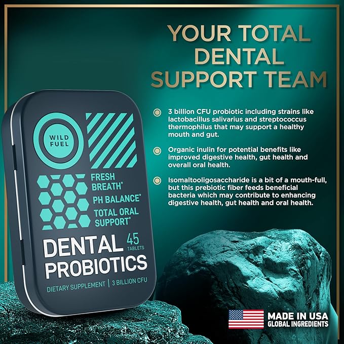 WILD FUEL Dental Probiotic for Teeth and Gums - Lactobacillus Salivarius Probiotic 3bn CFU Fights Bad Breath, Restores Healthy Bacteria - Oral Probiotics - 45 Tablets for Fresh Breath in a Travel Tin