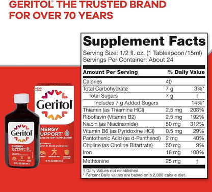 Geritol Liquid Vitamin and Iron Supplement, Energy Support, Contains High Potency B-Vitamins and Iron, Pleasant Tasting, Easy to Swallow, No Artificial Sweeteners, Non-GMO, 12 Oz, 3 Pack