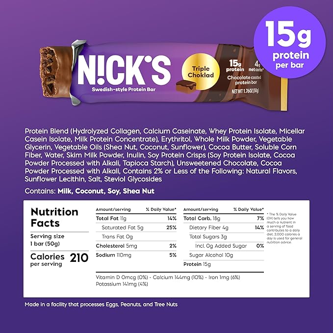 NICKS Protein Bars Triple Chocolate | 12g protein | 170 calories | Low Carb Keto Friendly Snacks No Added Sugar (Multipack 12 bars x 50g)