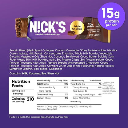 NICKS Protein Bars Triple Chocolate | 12g protein | 170 calories | Low Carb Keto Friendly Snacks No Added Sugar (Multipack 12 bars x 50g)