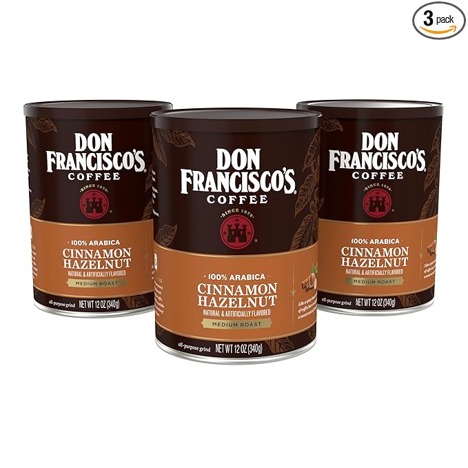 Don Francisco's Cinnamon Hazelnut Ground Flavored Coffee: Rich, Aromatic 100% Arabica Blend - Medium Roast for a Delightful Morning Brew (3 x 12 oz Cans)