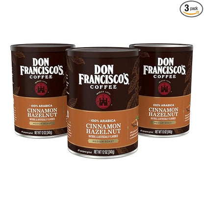 Don Francisco's Cinnamon Hazelnut Ground Flavored Coffee: Rich, Aromatic 100% Arabica Blend - Medium Roast for a Delightful Morning Brew (3 x 12 oz Cans)