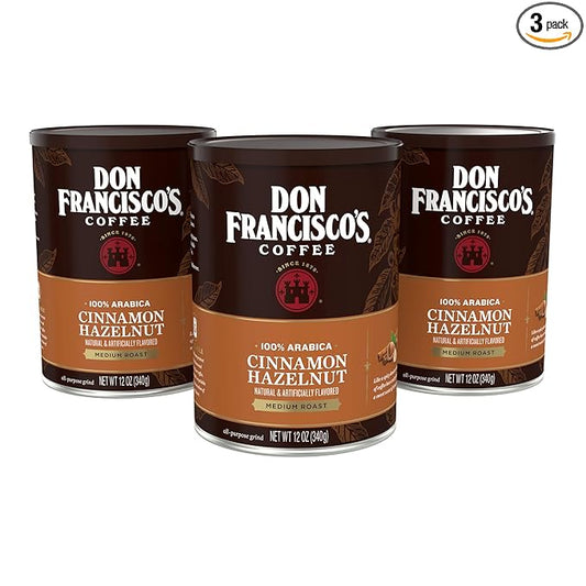 Don Francisco's Cinnamon Hazelnut Ground Flavored Coffee: Rich, Aromatic 100% Arabica Blend - Medium Roast for a Delightful Morning Brew (3 x 12 oz Cans)