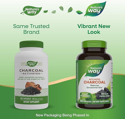 Nature's Way Activated Charcoal, Binds Unwanted Materials and Gas in the Digestive Tract*, 560 mg per 2-Capsule Serving, 360 Capsules (Packaging May Vary)