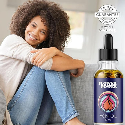 Flower Power Yoni Oil Vaginal Moisturizer, Nourishing Feminine Care for Vaginal Dryness, Odor Relief & Irritation, Blend of Jojoba, Peach Blossom & Sweet Almond Oil for Hydration, Vegan - 30 ml