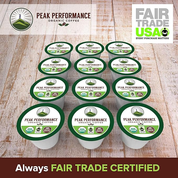 Peak Performance Organic Coffee Pods. Low Acid K-CUP Keurig Compatible High Altitude USDA Organic Coffee. Fair Trade Beans Medium Roast Single Serve 24 Count Recyclable Cups For High Performers