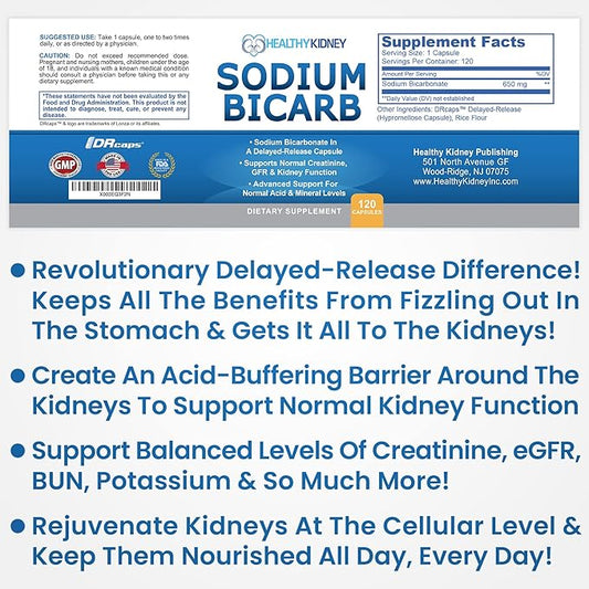 Sodium Bicarbonate 650mg Capsules Delayed Release for Supporting Normal Kidney Function & Kidney Health Supplement. Sodium Bicarbonate Designed for Kidney Support, Acid Relief, Alkalinity 120 Pills