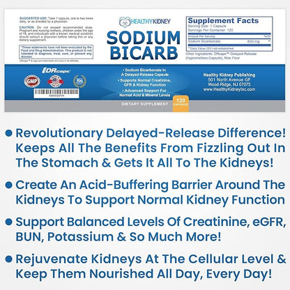 Sodium Bicarbonate 650mg Capsules Delayed Release for Supporting Normal Kidney Function & Kidney Supplement. Sodium Bicarbonate for Acid Relief, Alkalinity 120 Pills 2-Pack
