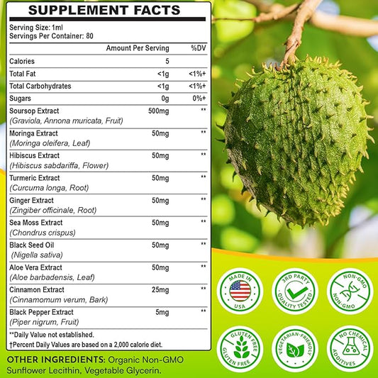 Soursop Bitters Liquid 880MG, Soursop Multivitamin Liquid Drops with Soursop Leaves Herbal Blend, for Cell Support & Regeneration, Immunity, Liver, Gut, Zzz & Antioxidant | 2.8 Fl Oz - 80 Days Supply