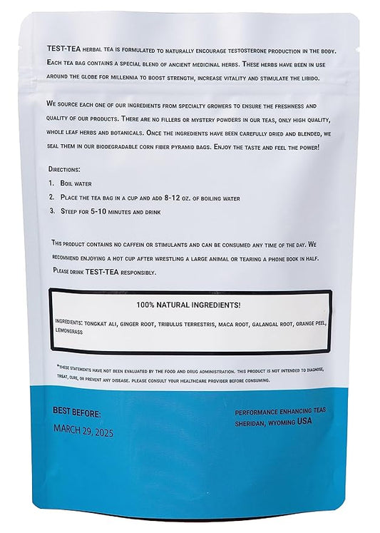 Test-Tea | Testosterone Boosting Herbal Tea for Men | Ginger and Lemongrass Flavor | 20 Pack Bag | with Tongkat Ali, Tribulus Terrestris and Maca Root by Performance Enhancing Teas