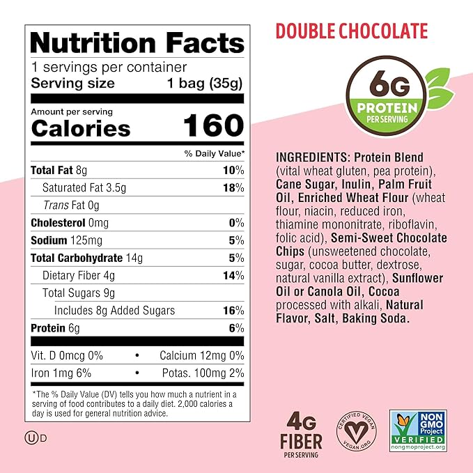 Lenny & Larry's The Complete Crunchy Cookie, Double Chocolate, 6g Plant Protein, Vegan, Non-GMO, 1.25 Ounce Pouch (Pack of 12)