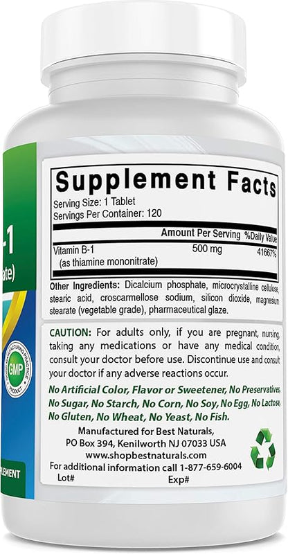 Best Naturals Vitamin B1 as Thiamine 500 mg 120 Tablets (120 Count 3))