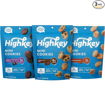 HighKey Sugar Free Cookies Variety Pack - 6.75oz Keto Snacks Zero Carb No Sugar 3-Pack Chocolate Chip Cookie, Snickerdoodle, Brownie Bites Low Carb Gluten Free Diabetic Snack Diet Friendly Food Sweets