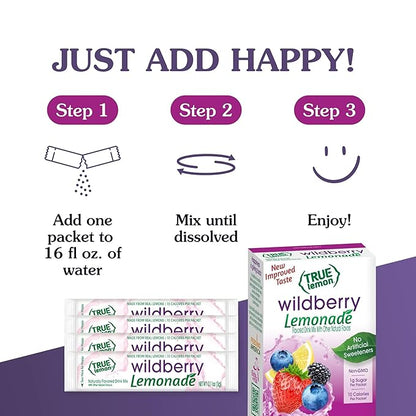 True Lemon Wildberry Lemonade Water Enhancer Drink Mix (12 Pack of 10 Count Boxes), Low Calorie Drink Mix Packets for Water, Powdered Drink Mixes & Flavorings, Individual Drink Packets, Water Flavor