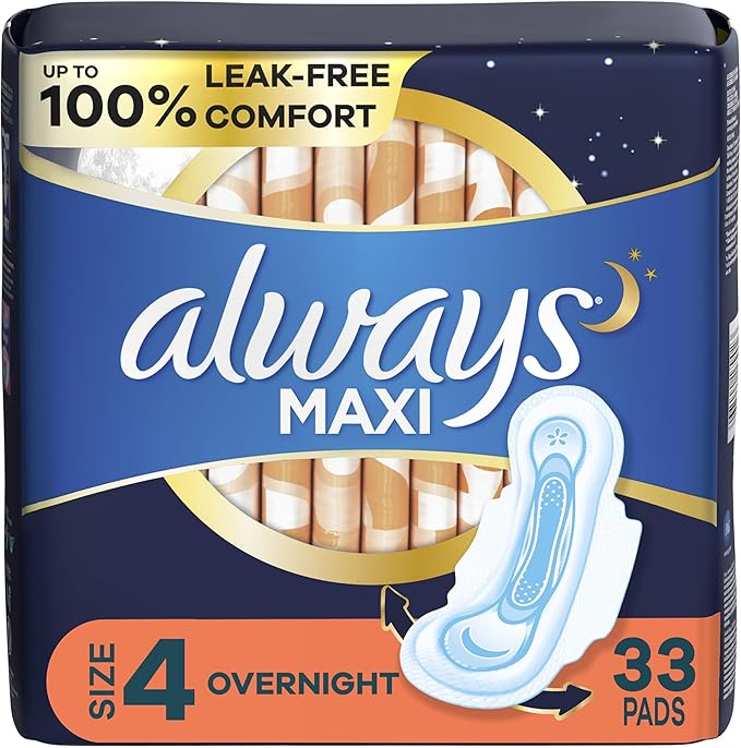 Always Maxi Overnight Pads with Wings, 4, Overnight, 33 CT