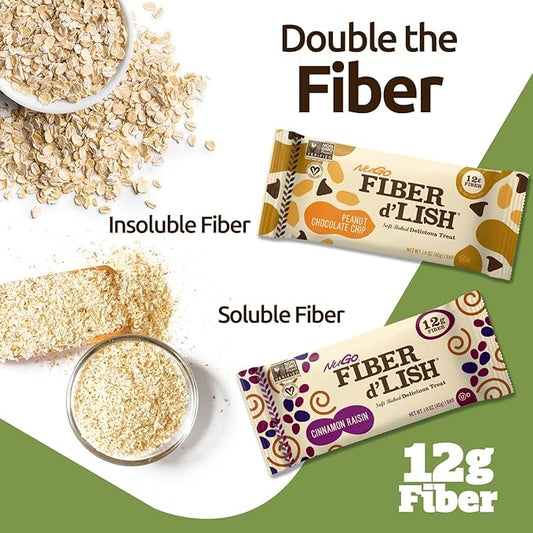 NuGo Fiber D'lish Variety Chocolate Brownie & Peanut Chocolate Chip, 12g High Fiber, Vegan, 5 Bars Each, 10 Count