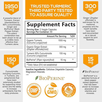 Turmeric Curcumin with BioPerine & Ginger 95% Curcuminoids 1950mg - 240 Capsules