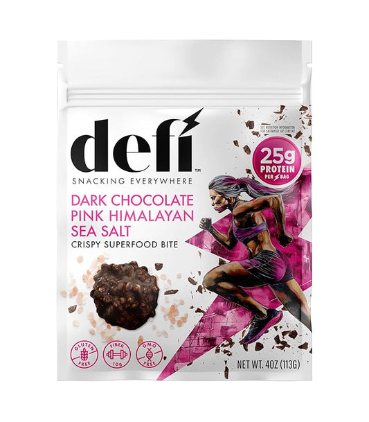 DEFI Dark Chocolate Pink Himalayan Sea Salt Crispy Superfood Bites, 25g Protein, 4oz (Dark Chocolate Pink Salt)