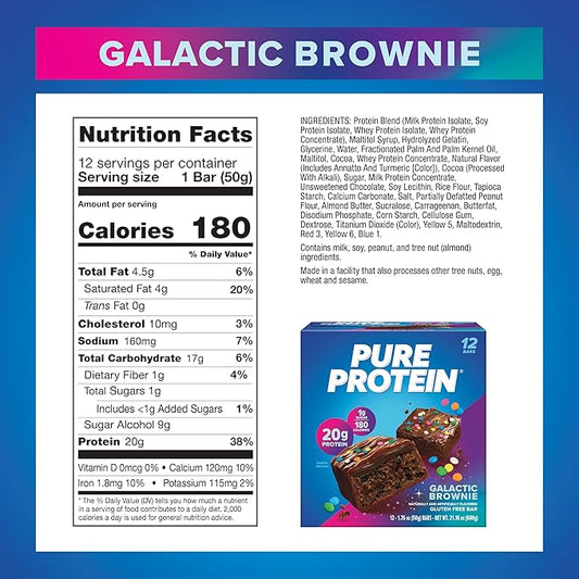 Pure Protein Galactic Brownie Bars - 12 Count Box | 20g High Protein, Gluten-Free, On-the-Go Snack | Ideal Pre & Post-Workout Fuel | Low Sugar, Great Taste!