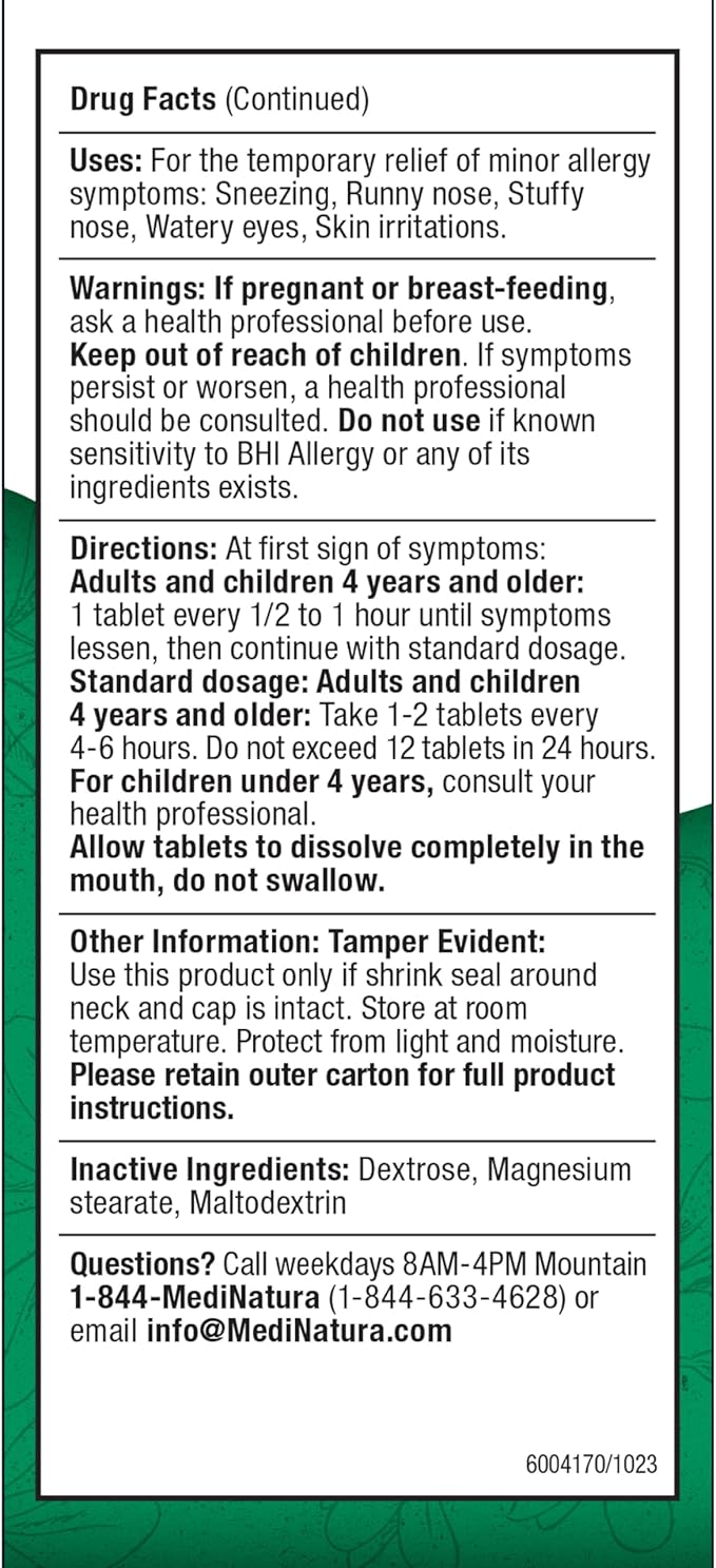 MediNatura BHI Allergy Relief Multi-Symptom Natural 15 Targeted 100 Tablets