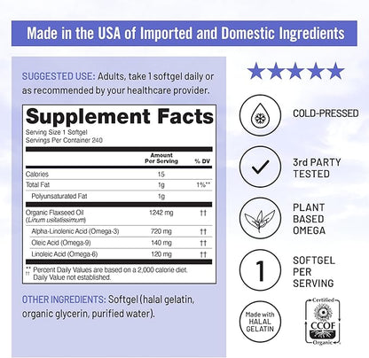 NatureWise Flaxseed Oil 1200 mg, Fish Free Omega 3 6 9 with 720mg ALA, Dietary Supplement for Heart Health Support - Organic, Cold Pressed, Non-GMO - 240 Softgels[8-Month Supply]