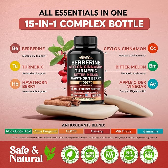 Berberine with Ceylon Cinnamon 10000 mg 15-in-1 Supplement 60 Capsules