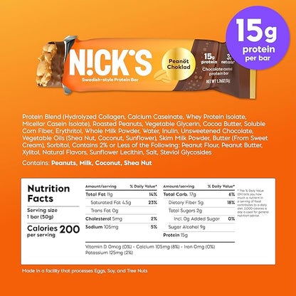 NICKS Protein Bars Chocolate Peanut | 15g protein | 200 calories | Low Carb Keto Friendly Snacks No Added Sugar (Multipack 12 bars x 50g)
