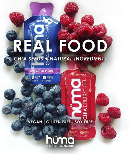 Huma Chia Energy Gel, Raspberries, 12 Gels, 1x Caffeine - Premier Sports Nutrition for Endurance Exercise
