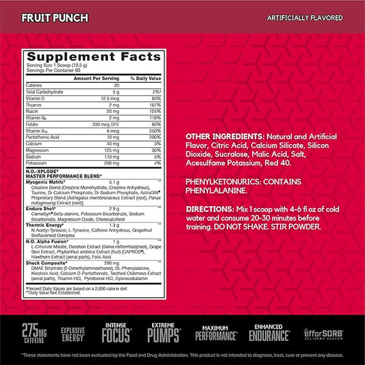 BSN N.O.-XPLODE Pre Workout Supplement with Creatine, Beta-Alanine, and Energy, Flavor: Fruit Punch, 60 Servings