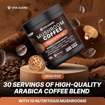 10-Mushroom Blend Coffee | Lion's Mane, Cordyceps, Reishi & More | Rich Arabica Instant Coffee with Coconut Powder | Boost Focus & Immune System