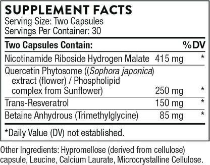 THORNE ResveraCel - Nicotinamide Riboside with Quercetin Phytosome and Resveratrol - Support Healthy Aging, Methylation, Cellular Energy Production and Metabolism* - 60 Capsules - 30 Servings
