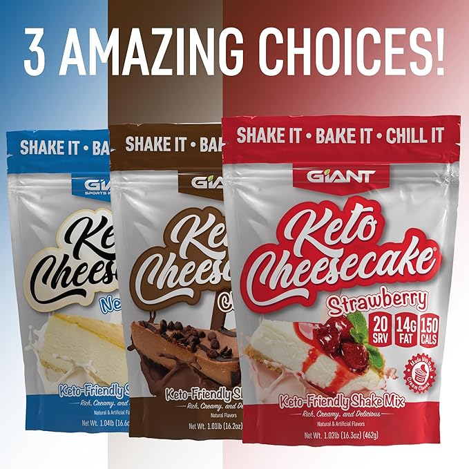 Giant Sports Keto Cheesecake Shake Mix - Delicious Low Carb, Ketogenic Diet Gluten Free Powder Mix - Works Great with Almond Milk - Strawberry (20 Serving Bag)