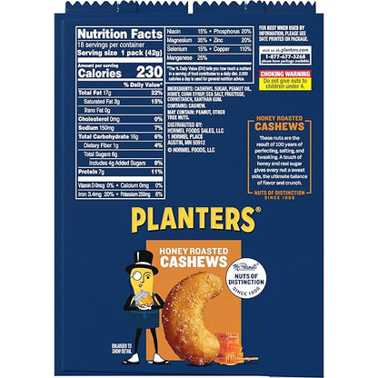 Planters Honey Roasted & Salted Cashews, 1.5 Ounce (Pack of 18)