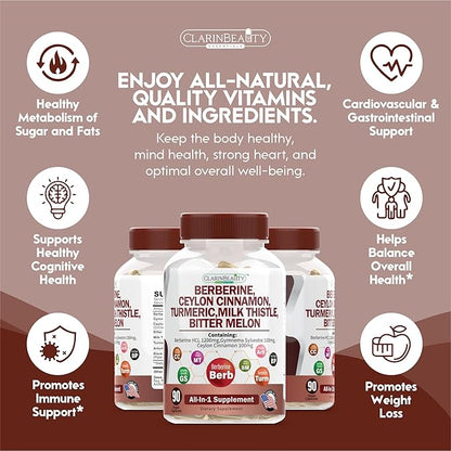 ClarinBeauty Premium Berberine 1200mg Ceylon Cinnamon 100mg Tumeric 50mg Milk 50mg Bitter 50mg Artichoke 50mg with 90 Capsules