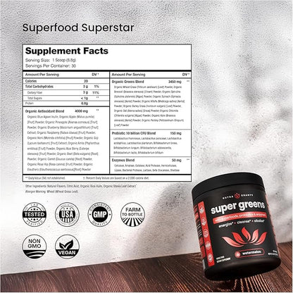NutraChamps Super Greens Powder Premium Superfood | 20+ Organic Green Veggie Whole Foods | Alfalfa, Spirulina, Chlorella & More | Antioxidant, Digestive Enzyme & Probiotic Blends | Watermelon
