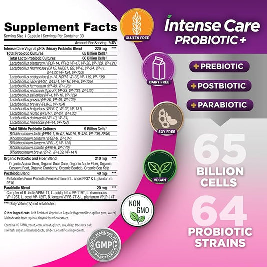 Vital Planet - Intense Care Vaginal pH & Urinary Probiotics Plus Prebiotics, Postbiotics, Parabiotics, Complete 4-in-1 Supplement for Women, 65 Billion and 64 Strains, Digestive and Immune, 30 ct