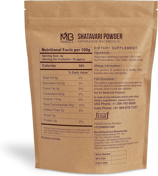 MB Herbals Pure Shatavari Powder 227 Gram 8 oz 100% Pure