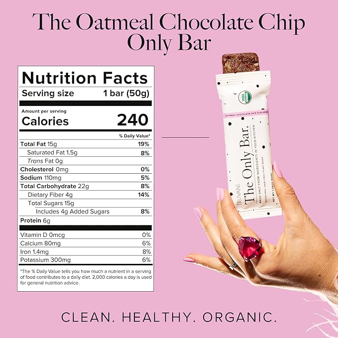 Truvani Plant Based Snack Bars | Oatmeal Chocolate Chip 1 Pack | 6g Protein | USDA Organic and Vegan | The Only Bar | Dairy, Soy, and Gluten Free | Individually Wrapped