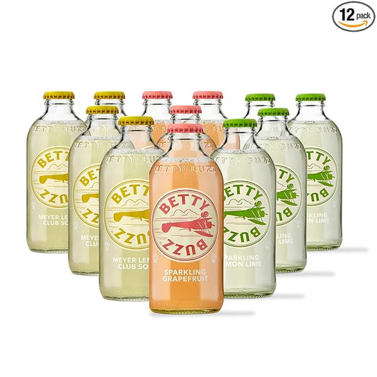 Betty Buzz Premium Sparkling Soda Citrus Variety Pack by Blake Lively (12 pack), Sparkling Grapefruit, Sparkling Lemon Lime, Meyer Lemon Club Soda | Real Juice, Natural Flavors, Only Clean Ingredients