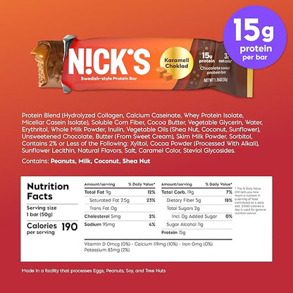 Nick's Protein Bars Chocolate Caramel | 15g protein | 190 calories | Low Carb Keto Friendly Snacks No Added Sugar (Multipack 12 bars x 50g)