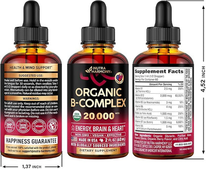 USDA Organic Vitamin B-Complex B5 Pantothenic Acid B12 Methylcobalamin B1 Thiamine B6 Pyridoxine B7 Biotin B9 Folic B3 Niacinamide 2fl oz