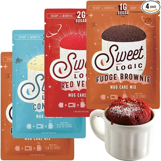 Sweet Logic Keto Mug Cake Mix - Variety Pack w/Red Velvet, 2 Fudge Brownie, Confetti - Just Add Water - Low Sugar - Gluten-Free - High Protein - Low Carb - Diabetic-Friendly (4 Pack)